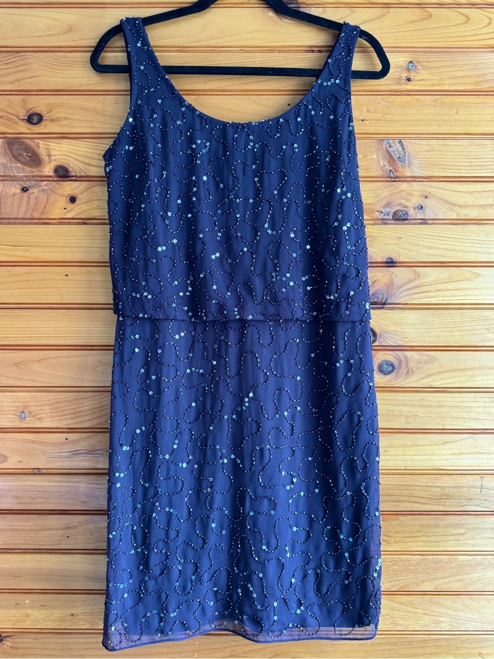 Prelude Beaded Cocktail Dress 8 Eggplant Purple Sheer Overlay Wedding Guest
